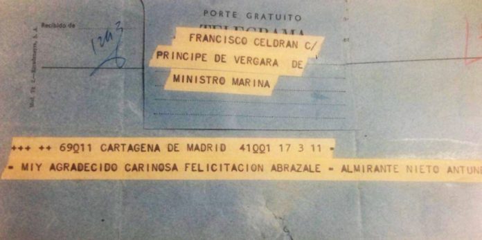 Francisco Celdrán Conesa tenía estrechos lazos de amistad con relevantes personajes como el Ministro de Marina, Nieto Antúnez. En la imagen, telegrama de felicitación por su onomástica en agosto de 1968.
