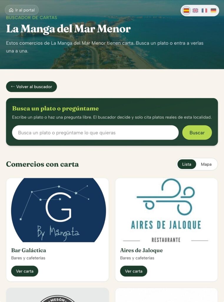 Buscador de cartas de restaurantes de La Manga con selector de idiomas en Tu Localidad