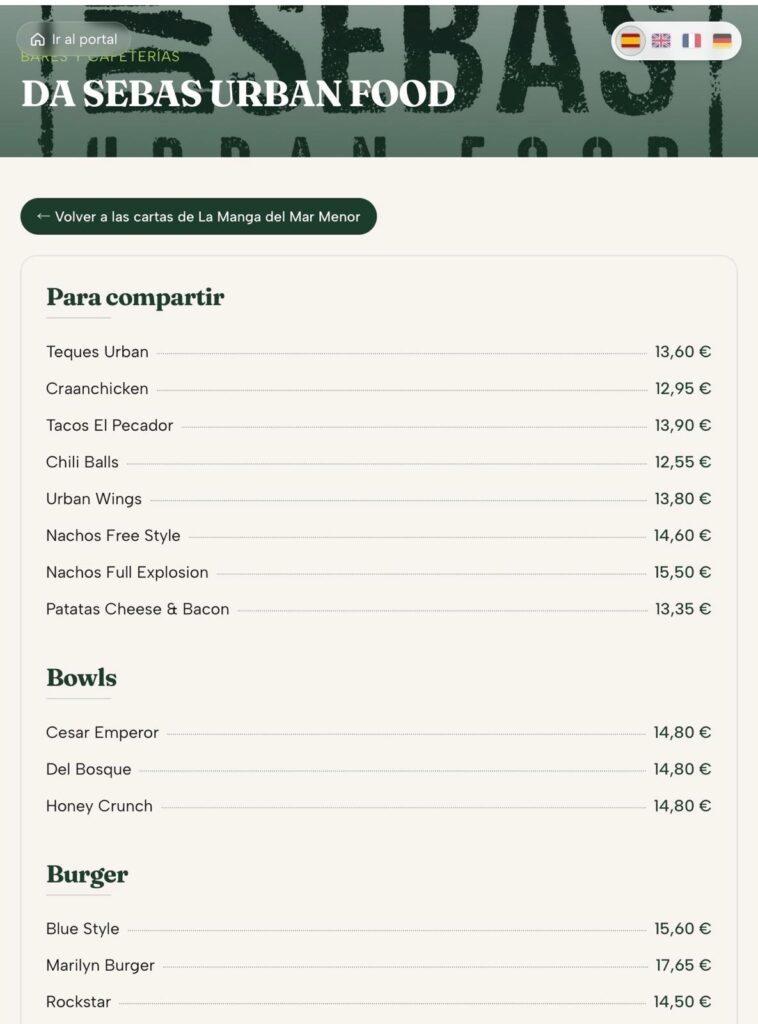 Carta del restaurante Da Sebas Urban Food de La Manga en español