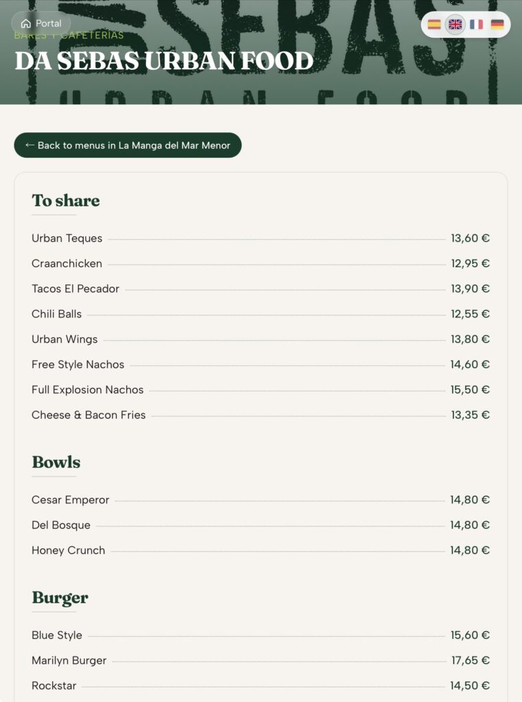 Carta del restaurante Da Sebas Urban Food traducida al inglés